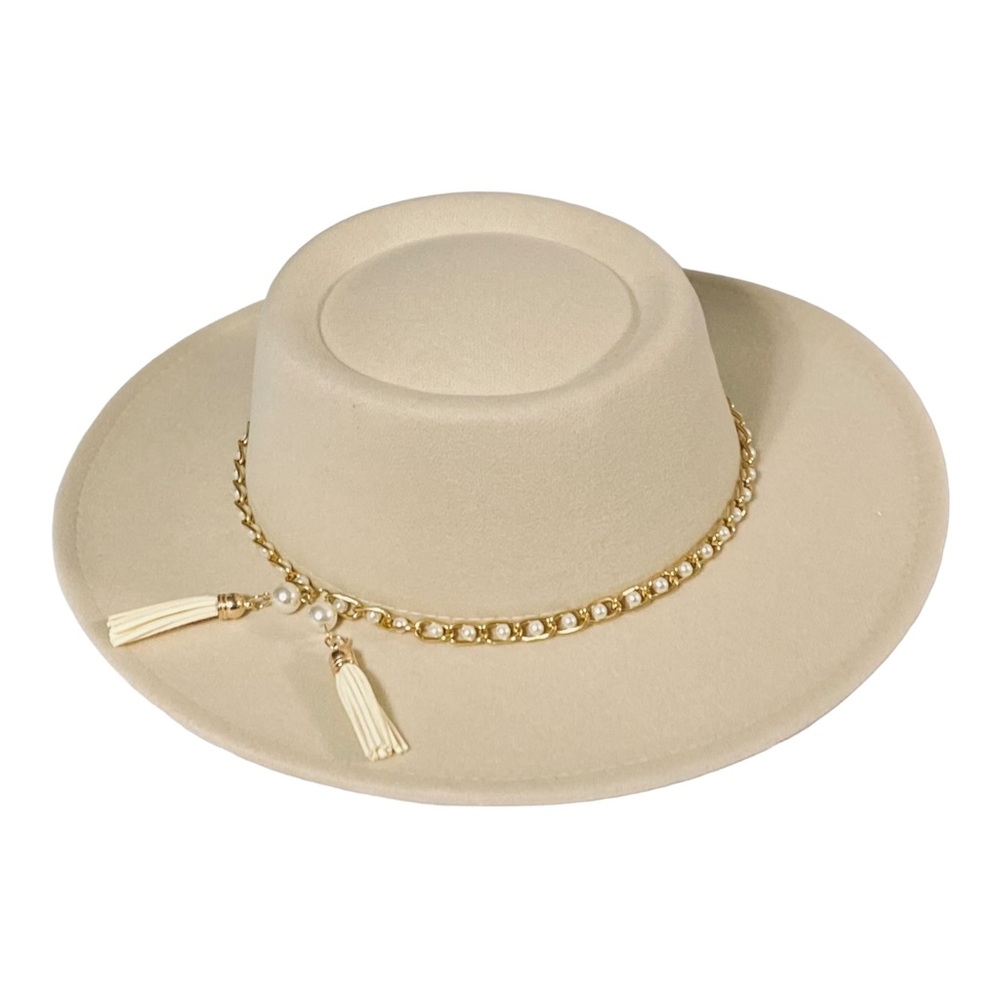 Wide Brim Round Crown Gold Tassels Band Fedora Boater Hat - Picture 2 of 4